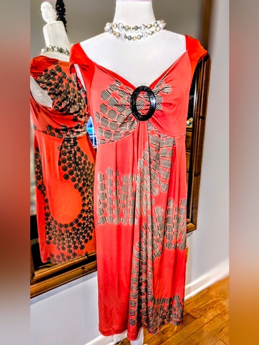 Donna Morgan Red Coral Dress with Gray Geometric Print